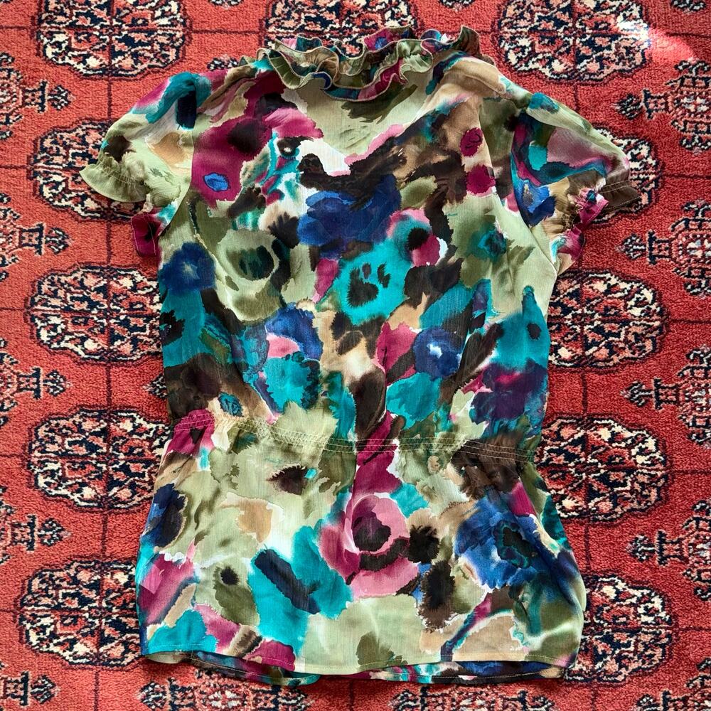 Sunny Leigh M Jewel Tones Watercolor Abstract‎ Print Ruffle Neckline Girly Top - Picture 4 of 5